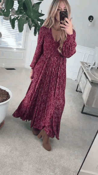⏳Time-Limited Special⏰Women’s Floral Rayon Smocked-Waist Maxi Dress – Fully Lined, Pockets & Vintage Sleeves 🌸👗