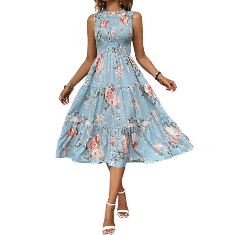 ⏳Time-Limited Special⏰Women’s Sleeveless Floral Print Casual Dress – Smocked Bodice, Tiered Skirt, Midi Length ✨