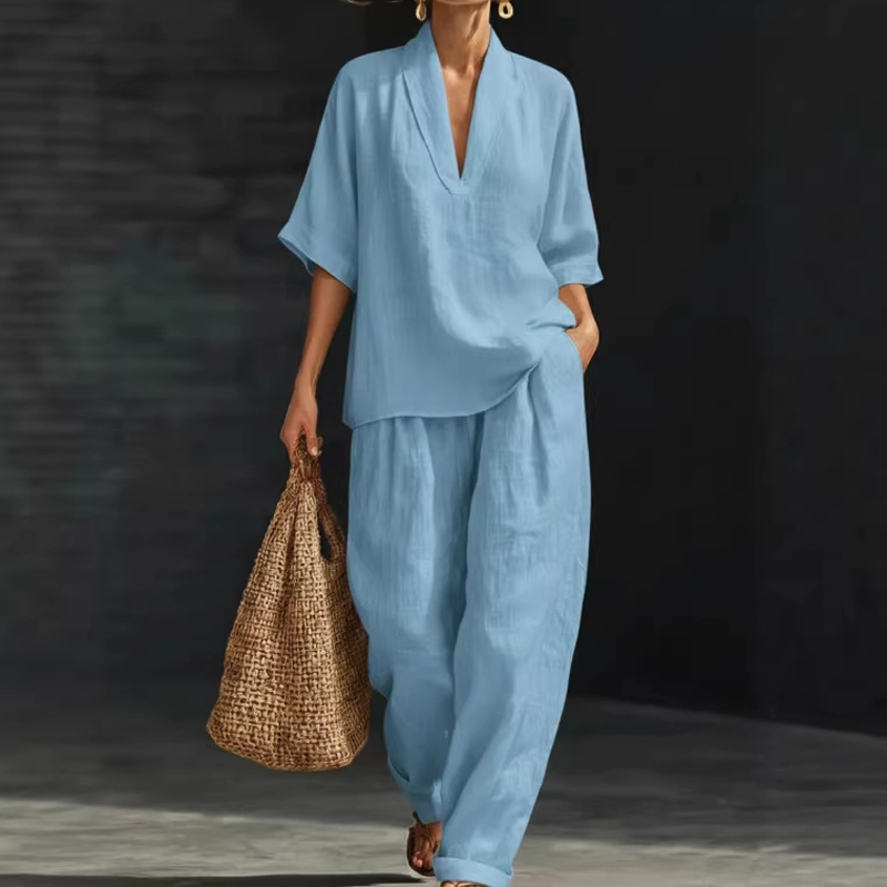 ⏳Time-Limited Special⏰ Women's Casual V-Neck Top & Wide-Leg Trousers Set – Soft & Breathable for Summer, Work or Resort 🌸