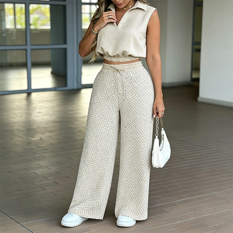 ⏳Time-Limited Special⏰Women's Two-Piece Lounge Set – Collared Crop Top & Wide-Leg Pants – Drawstring & Breathable – Chic Casual Outfit 👖