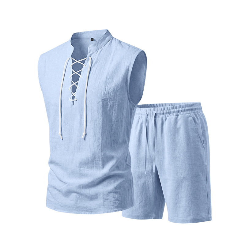 ⏳Time-Limited Special⏰Men's Linen Sleeveless Lace-Up Top & Shorts Set