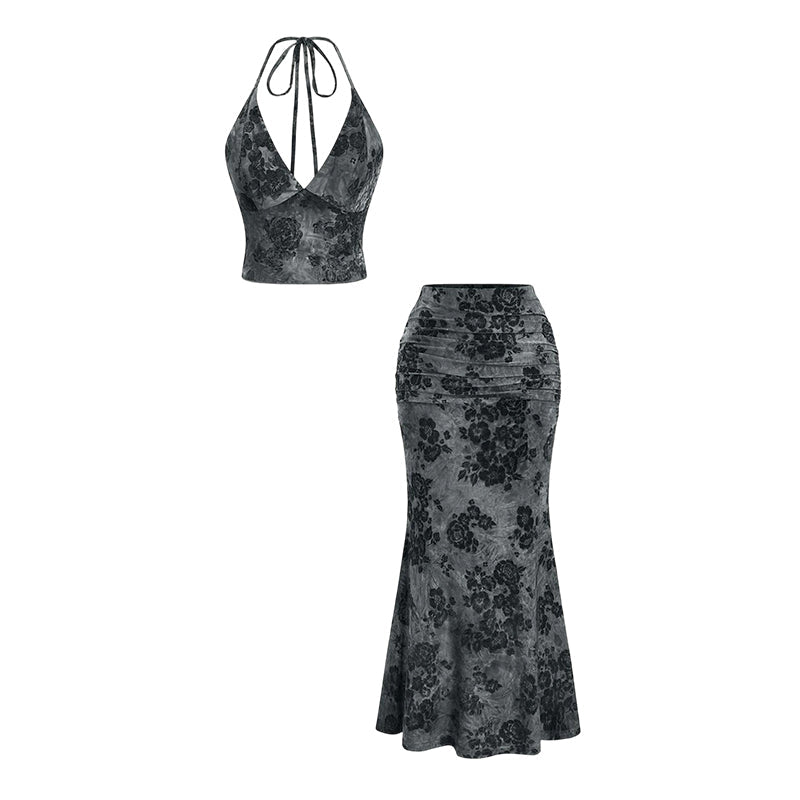 ⏳Time-Limited Special⏰Bohemian Floral Halter Top & Maxi Skirt Set – Mermaid Hem & Resort Chic – Vacation Essential 🌊