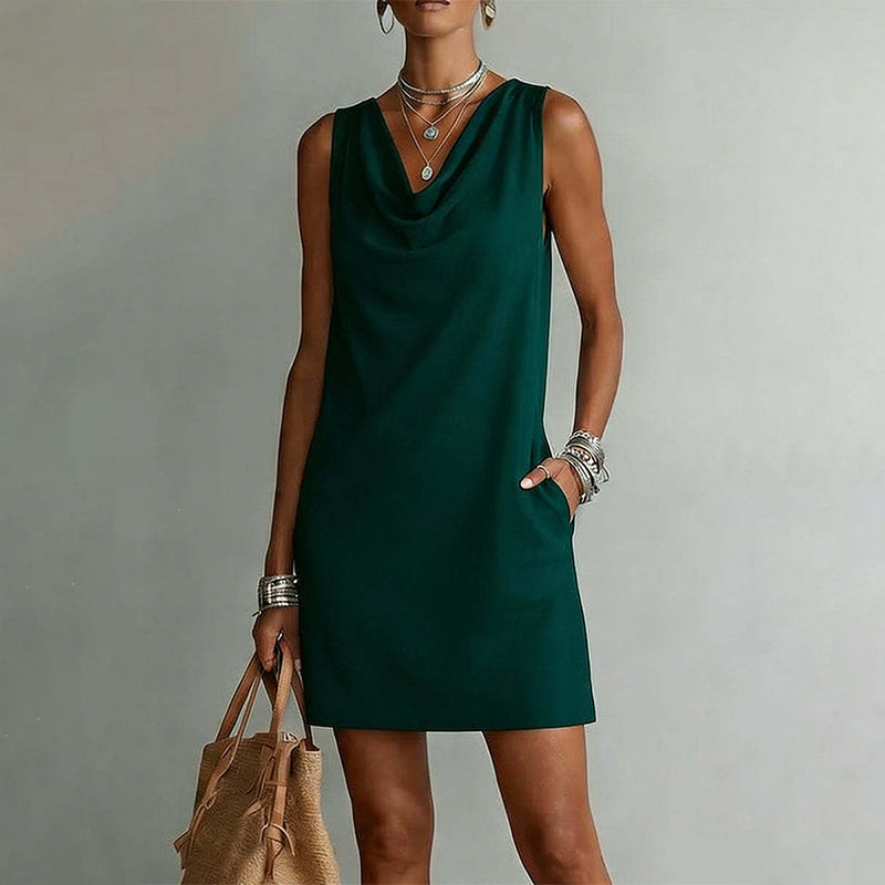 ⏳Time-Limited Special⏰Elegant Slim Fit Cowl Neck Dress – Sleeveless, Side Pockets, Versatile ✨
