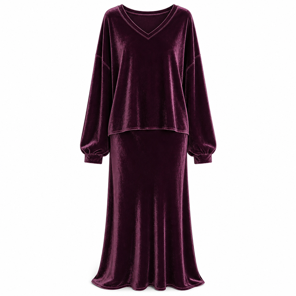 Women's Solid Color Velvet Two Piece Set with Deep V Neck Loose Sweatshirt and Flared Maxi Skirt