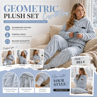 🔥 Freezing at Home but Tired of Bulky Winter Clothes? Wrap Yourself in Plush Comfort! Women's 2-Piece Geometric Fleece Hoodie & Jogger Set – Soft, Warm, Relaxed Fit with Stylish 3D Texture for Cozy Days In or Out!