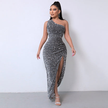 ⏳Time-Limited Special⏰Women's Glitter Sequins One Shoulder Ruched Split Thigh Bodycon Dress