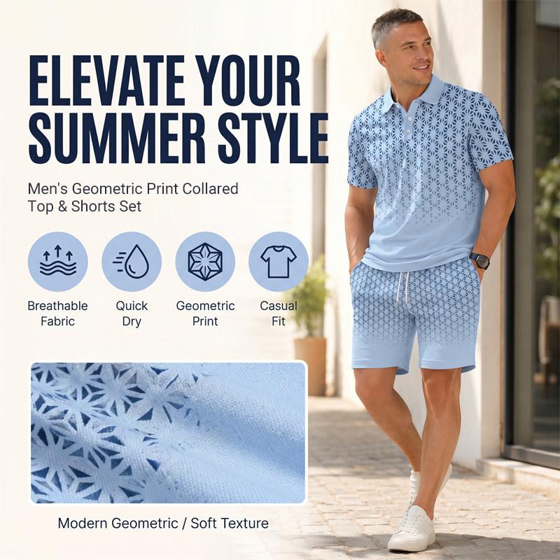 ⏳Time-Limited Special⏰Men's Geometric Print Collared Top & Shorts Set – Modern Pattern & Breathable Coordinated Look 🔷
