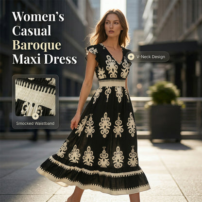 ⏳Time-Limited Special⏰Women's V-Neck Baroque Print Flowy Maxi Dress