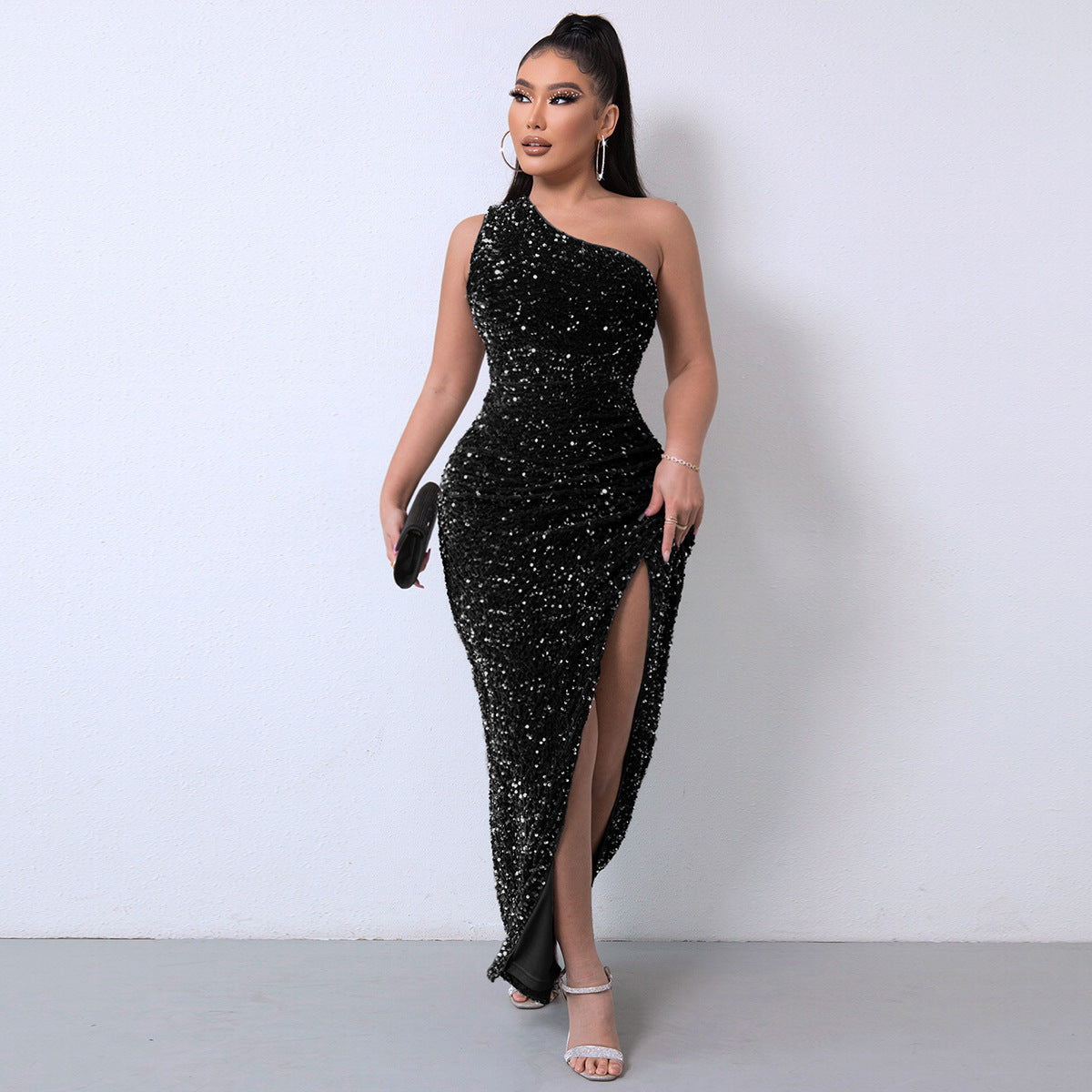 ⏳Time-Limited Special⏰Women's Glitter Sequins One Shoulder Ruched Split Thigh Bodycon Dress