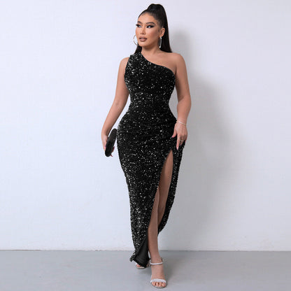 ⏳Time-Limited Special⏰Women's Glitter Sequins One Shoulder Ruched Split Thigh Bodycon Dress