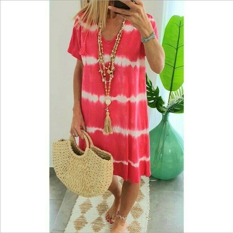 ⏳Time-Limited Special⏰Tie-Dye Striped Short Sleeve T-Shirt Dress – Soft & flowy – Perfect for summer, beach or casual days – comfortable and stylish 🌊✨