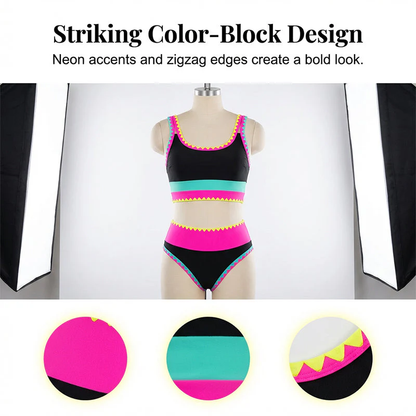 ⏳Time-Limited Special⏰Color Block Patchwork Nylon Sporty 3-Piece Bikini Set - High Waisted & Tummy Control Swimsuit👙🌈