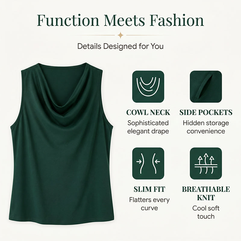 ⏳Time-Limited Special⏰Elegant Slim Fit Cowl Neck Dress – Sleeveless, Side Pockets, Versatile ✨