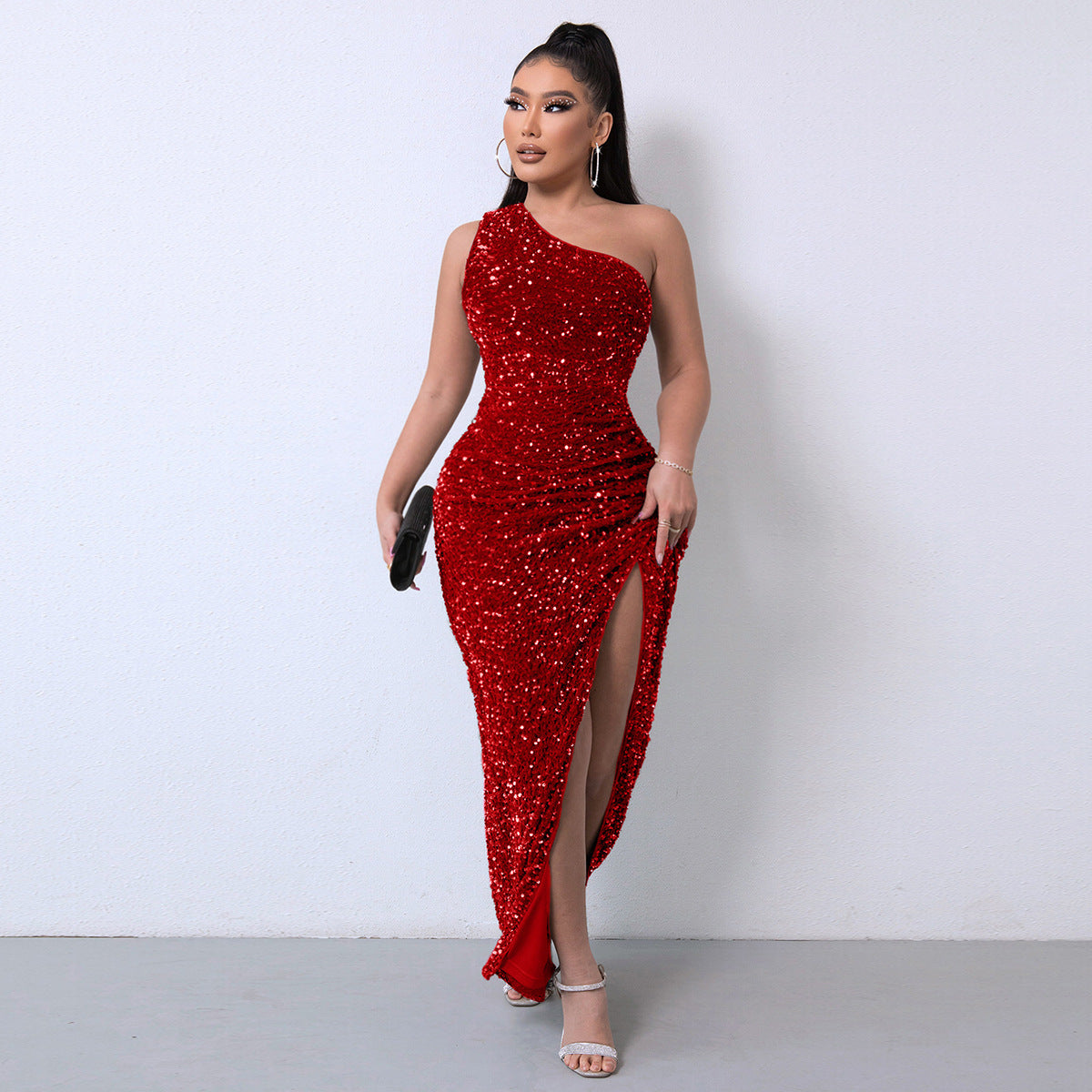 ⏳Time-Limited Special⏰Women's Glitter Sequins One Shoulder Ruched Split Thigh Bodycon Dress
