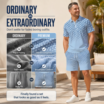 ⏳Time-Limited Special⏰Men's Geometric Print Collared Top & Shorts Set – Modern Pattern & Breathable Coordinated Look 🔷