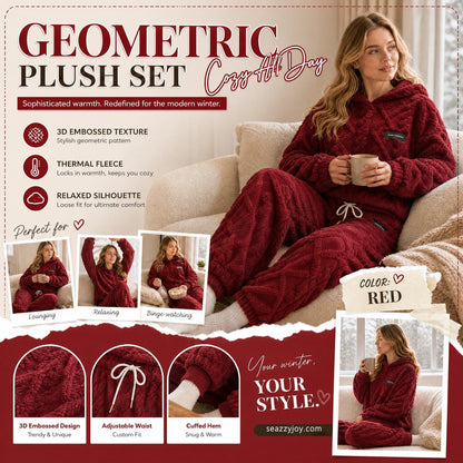 🔥 Freezing at Home but Tired of Bulky Winter Clothes? Wrap Yourself in Plush Comfort! Women's 2-Piece Geometric Fleece Hoodie & Jogger Set – Soft, Warm, Relaxed Fit with Stylish 3D Texture for Cozy Days In or Out!