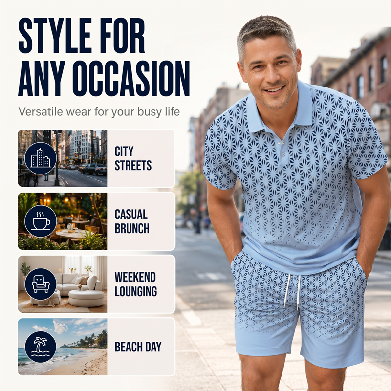 ⏳Time-Limited Special⏰Men's Geometric Print Collared Top & Shorts Set – Modern Pattern & Breathable Coordinated Look 🔷