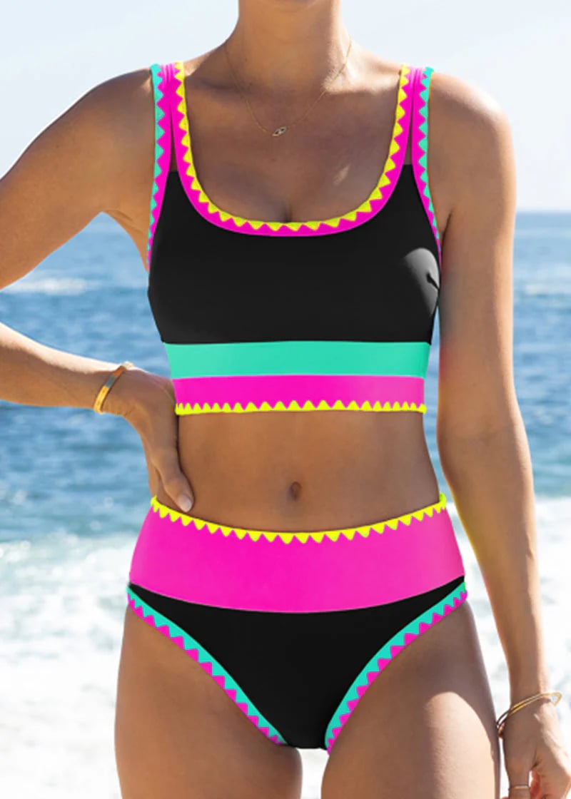 ⏳Time-Limited Special⏰Color Block Patchwork Nylon Sporty 3-Piece Bikini Set - High Waisted & Tummy Control Swimsuit👙🌈
