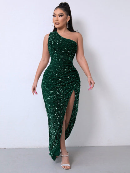 ⏳Time-Limited Special⏰Women's Glitter Sequins One Shoulder Ruched Split Thigh Bodycon Dress