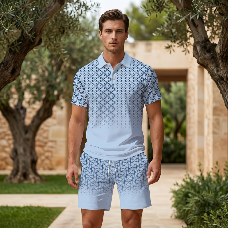 ⏳Time-Limited Special⏰Men's Geometric Print Collared Top & Shorts Set – Modern Pattern & Breathable Coordinated Look 🔷