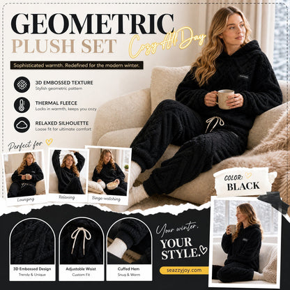 🔥 Freezing at Home but Tired of Bulky Winter Clothes? Wrap Yourself in Plush Comfort! Women's 2-Piece Geometric Fleece Hoodie & Jogger Set – Soft, Warm, Relaxed Fit with Stylish 3D Texture for Cozy Days In or Out!
