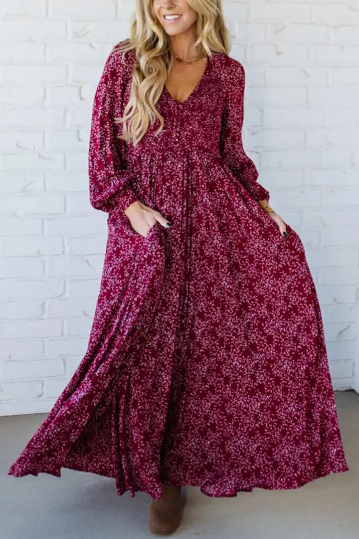 ⏳Time-Limited Special⏰Women’s Floral Rayon Smocked-Waist Maxi Dress – Fully Lined, Pockets & Vintage Sleeves 🌸👗