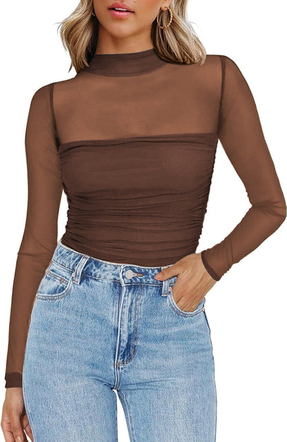 🎉Women's Sparkle Mesh Sheer Long Sleeve Ruched Top🌸
