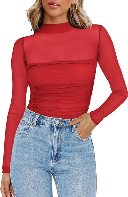 🎉Women's Sparkle Mesh Sheer Long Sleeve Ruched Top