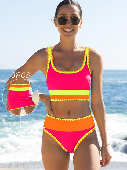 ⏳Time-Limited Special⏰Color Block Patchwork Nylon Sporty 3-Piece Bikini Set - High Waisted & Tummy Control Swimsuit👙🌈