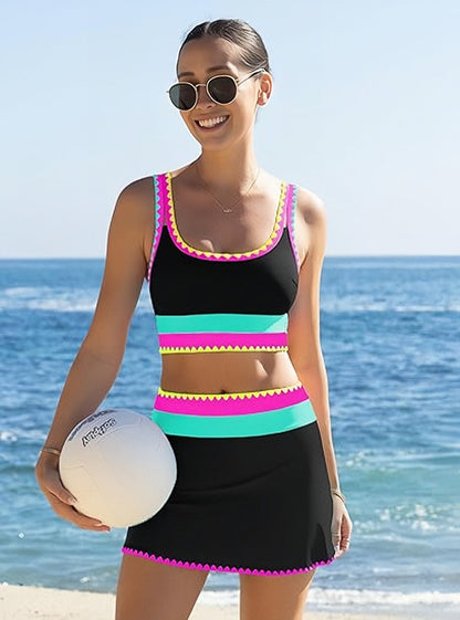 ⏳Time-Limited Special⏰Color Block Patchwork Nylon Sporty 3-Piece Bikini Set - High Waisted & Tummy Control Swimsuit👙🌈