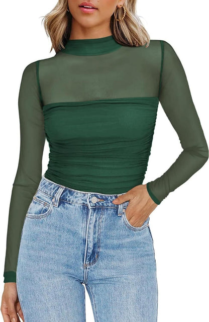 🎉Women's Sparkle Mesh Sheer Long Sleeve Ruched Top🌸