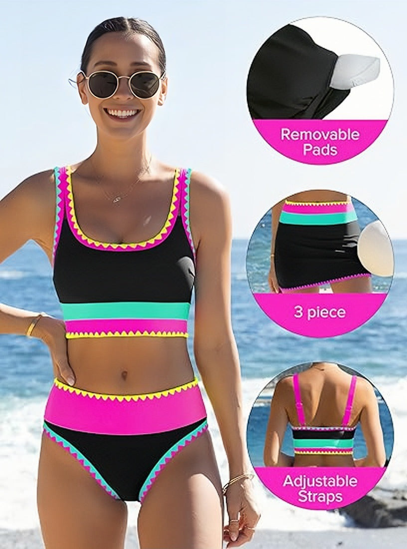 ⏳Time-Limited Special⏰Color Block Patchwork Nylon Sporty 3-Piece Bikini Set - High Waisted & Tummy Control Swimsuit👙🌈