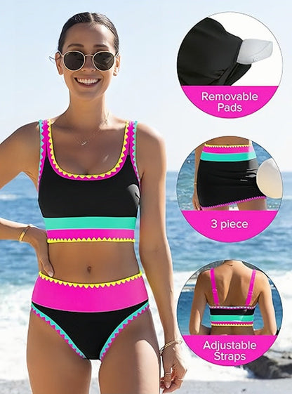 ⏳Time-Limited Special⏰Color Block Patchwork Nylon Sporty 3-Piece Bikini Set - High Waisted & Tummy Control Swimsuit👙🌈