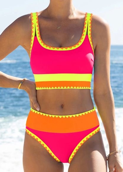 ⏳Time-Limited Special⏰Color Block Patchwork Nylon Sporty 3-Piece Bikini Set - High Waisted & Tummy Control Swimsuit👙🌈
