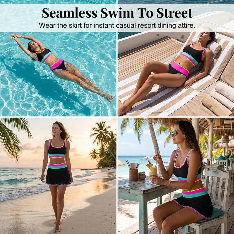 ⏳Time-Limited Special⏰Color Block Patchwork Nylon Sporty 3-Piece Bikini Set - High Waisted & Tummy Control Swimsuit👙🌈