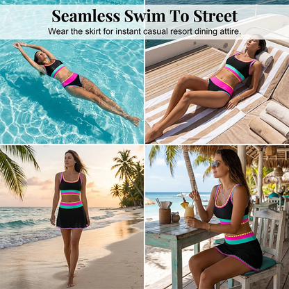 ⏳Time-Limited Special⏰Color Block Patchwork Nylon Sporty 3-Piece Bikini Set - High Waisted & Tummy Control Swimsuit👙🌈