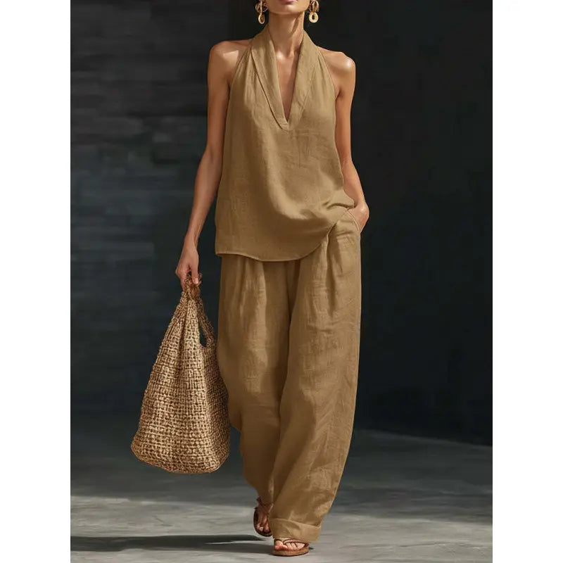 ⏳Time-Limited Special⏰Boho Linen Two Piece Set - Halter Neck Sleeveless Top Wide Leg Pants Set