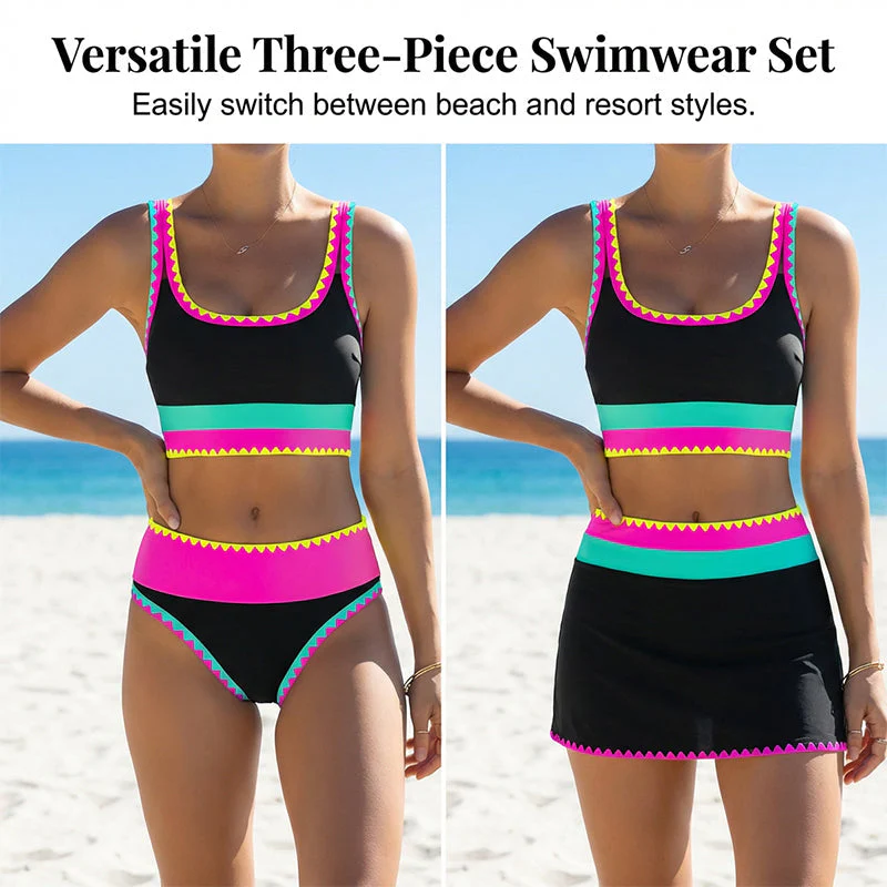 ⏳Time-Limited Special⏰Color Block Patchwork Nylon Sporty 3-Piece Bikini Set - High Waisted & Tummy Control Swimsuit👙🌈