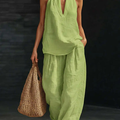⏳Time-Limited Special⏰Boho Linen Two Piece Set - Halter Neck Sleeveless Top Wide Leg Pants Set