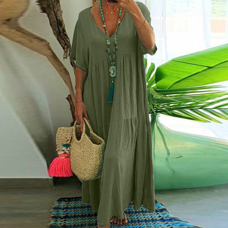 ⏳Time-Limited Special⏰Women's Casual Long Dress – V-Neck, Loose Fit, Short Sleeves, Natural Fibers 🌿