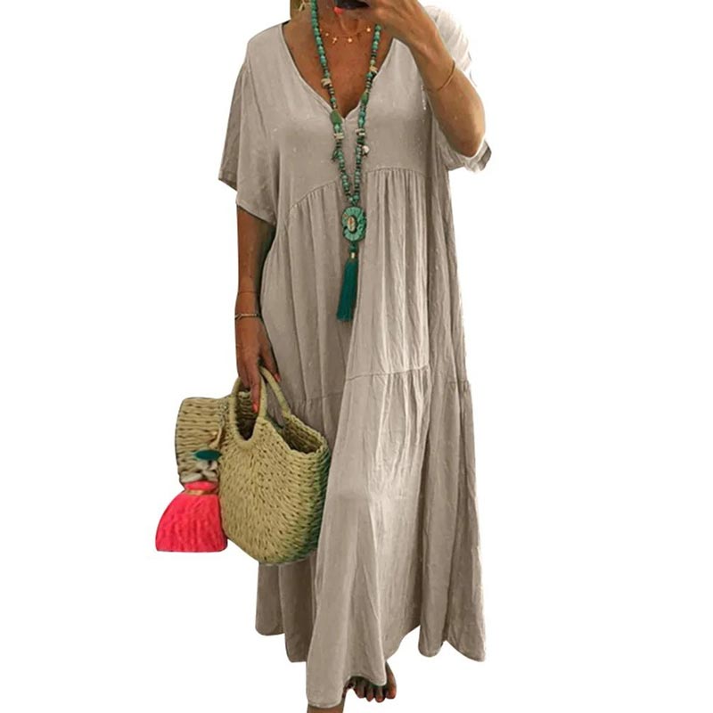 ⏳Time-Limited Special⏰Women's Casual Long Dress – V-Neck, Loose Fit, Short Sleeves, Natural Fibers 🌿