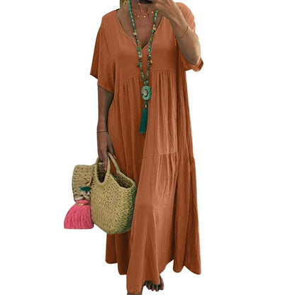 ⏳Time-Limited Special⏰Women's Casual Long Dress – V-Neck, Loose Fit, Short Sleeves, Natural Fibers 🌿