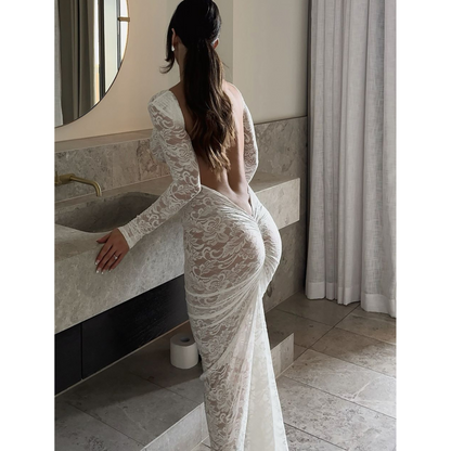 🌹👗Limited Time 50% OFF💃 Sexy Backless Lace Maxi Dresses - Graceful lace, sexy backless design, perfect for summer vibes!