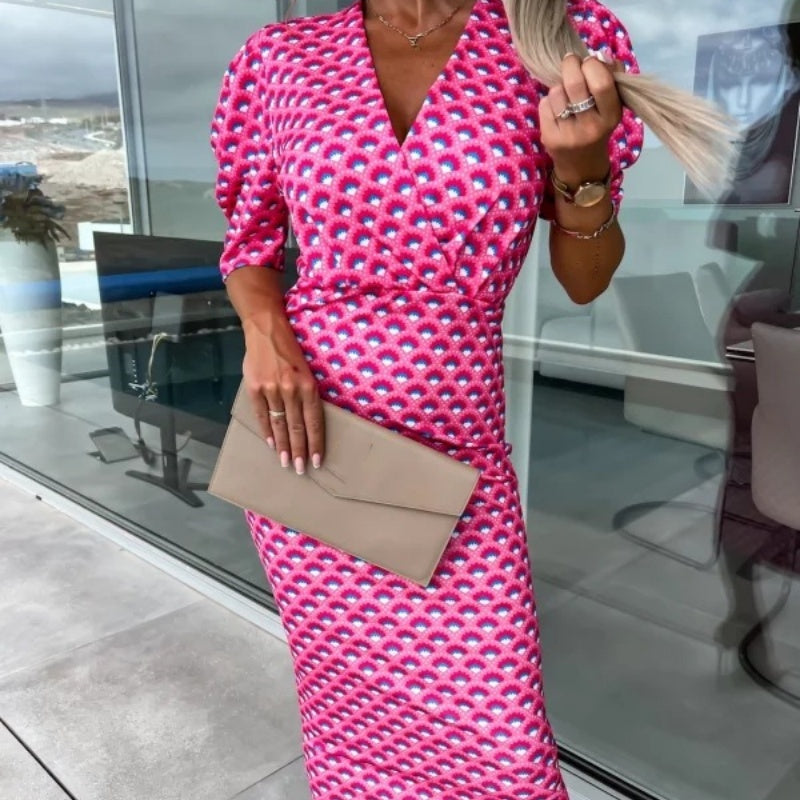 Women's Fashion Printed Bubble Sleeve V-Neck Short Sleeve Waist Dresses