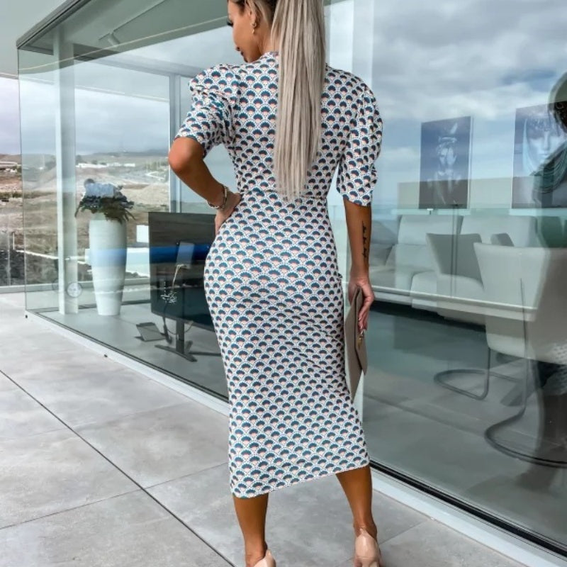 Women's Fashion Printed Bubble Sleeve V-Neck Short Sleeve Waist Dresses