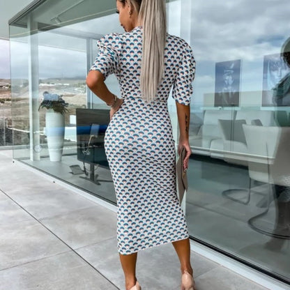 Women's Fashion Printed Bubble Sleeve V-Neck Short Sleeve Waist Dresses