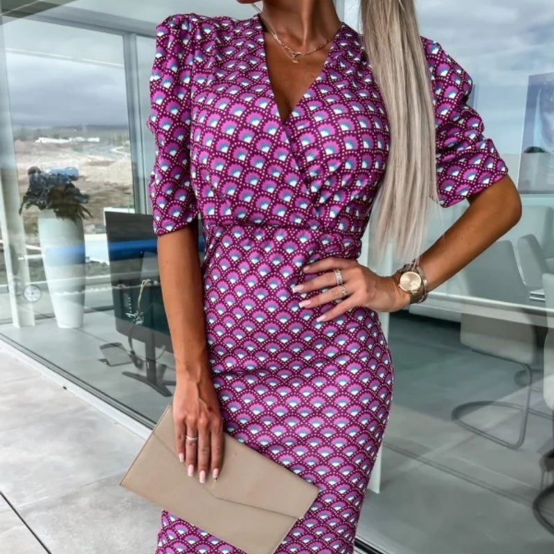 Women's Fashion Printed Bubble Sleeve V-Neck Short Sleeve Waist Dresses