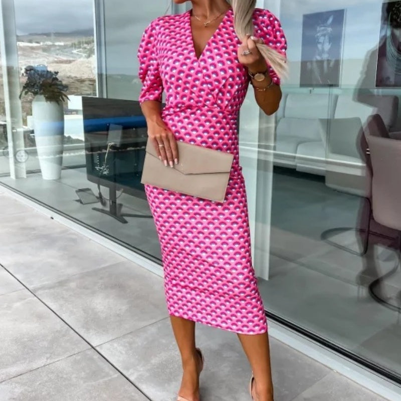 Women's Fashion Printed Bubble Sleeve V-Neck Short Sleeve Waist Dresses