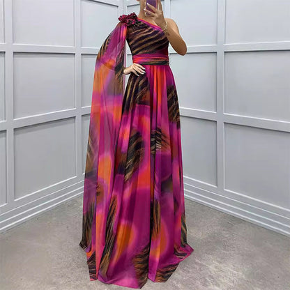 🌸Spring Specials💐Women's Fluttering Chiffon Printed Diagonal Shoulder Dresses