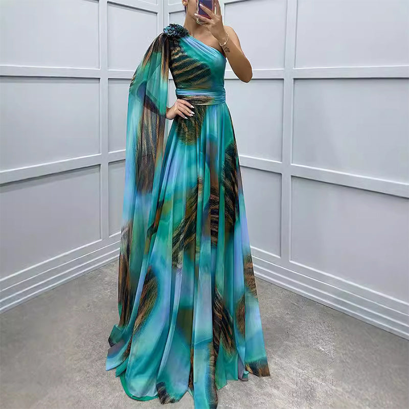 🌸Spring Specials💐Women's Fluttering Chiffon Printed Diagonal Shoulder Dresses